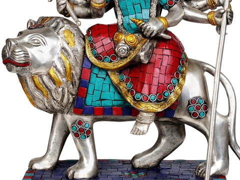 13" Goddess Durga (Inlay Statue) In Brass | Handmade | Made In India