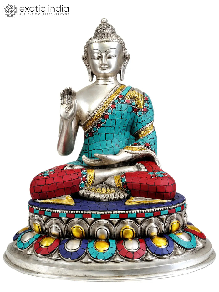 13" Brass Lord Buddha Inlay Statue in Abhaya Mudra | Handmade | Made in India