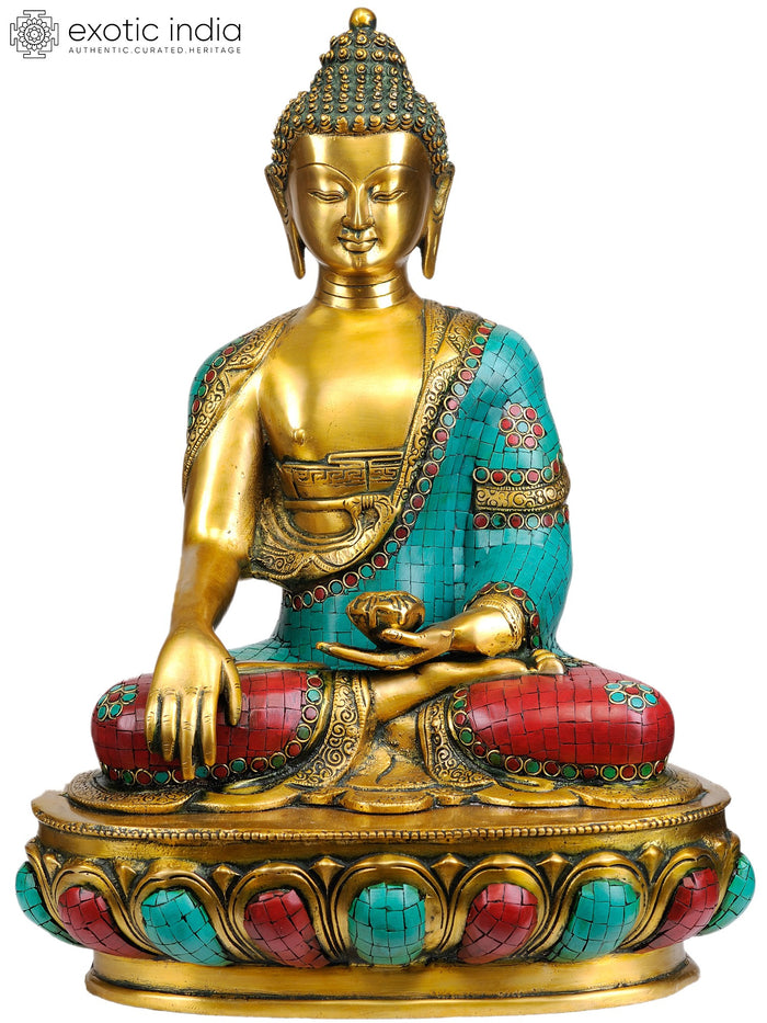 17" Lord Buddha Bhumisparsha Mudra Brass Inlay Statue Handmade