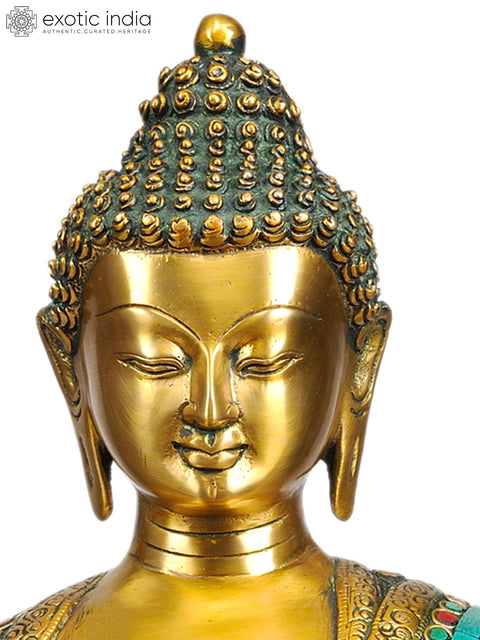17" Lord Buddha in Bhumisparsha Mudra (Inlay Statue) In Brass | Handmade | Made In India