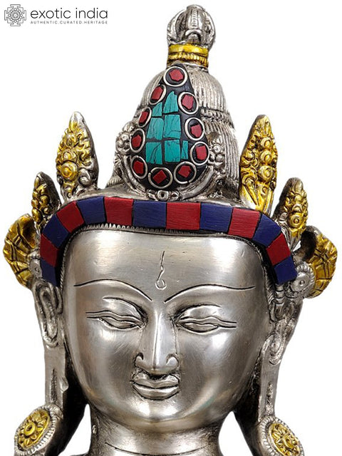 13" Tibetan Buddhist Deity- Primordial Buddha Vajradhara in Vajra-Humkara Mudra (Inlay Statue) In Brass | Handmade | Made In India