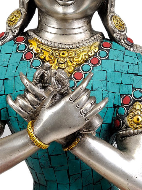 13" Tibetan Buddhist Deity- Primordial Buddha Vajradhara in Vajra-Humkara Mudra (Inlay Statue) In Brass | Handmade | Made In India