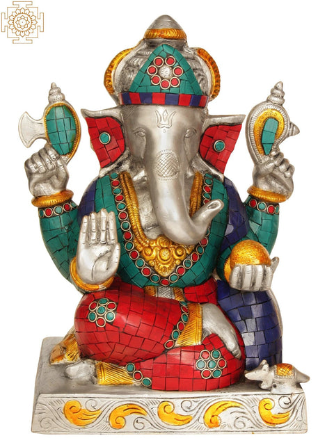 11Ó Four-Armed Ganesha Idol Seated in Easy Posture | Brass Inlay Statue