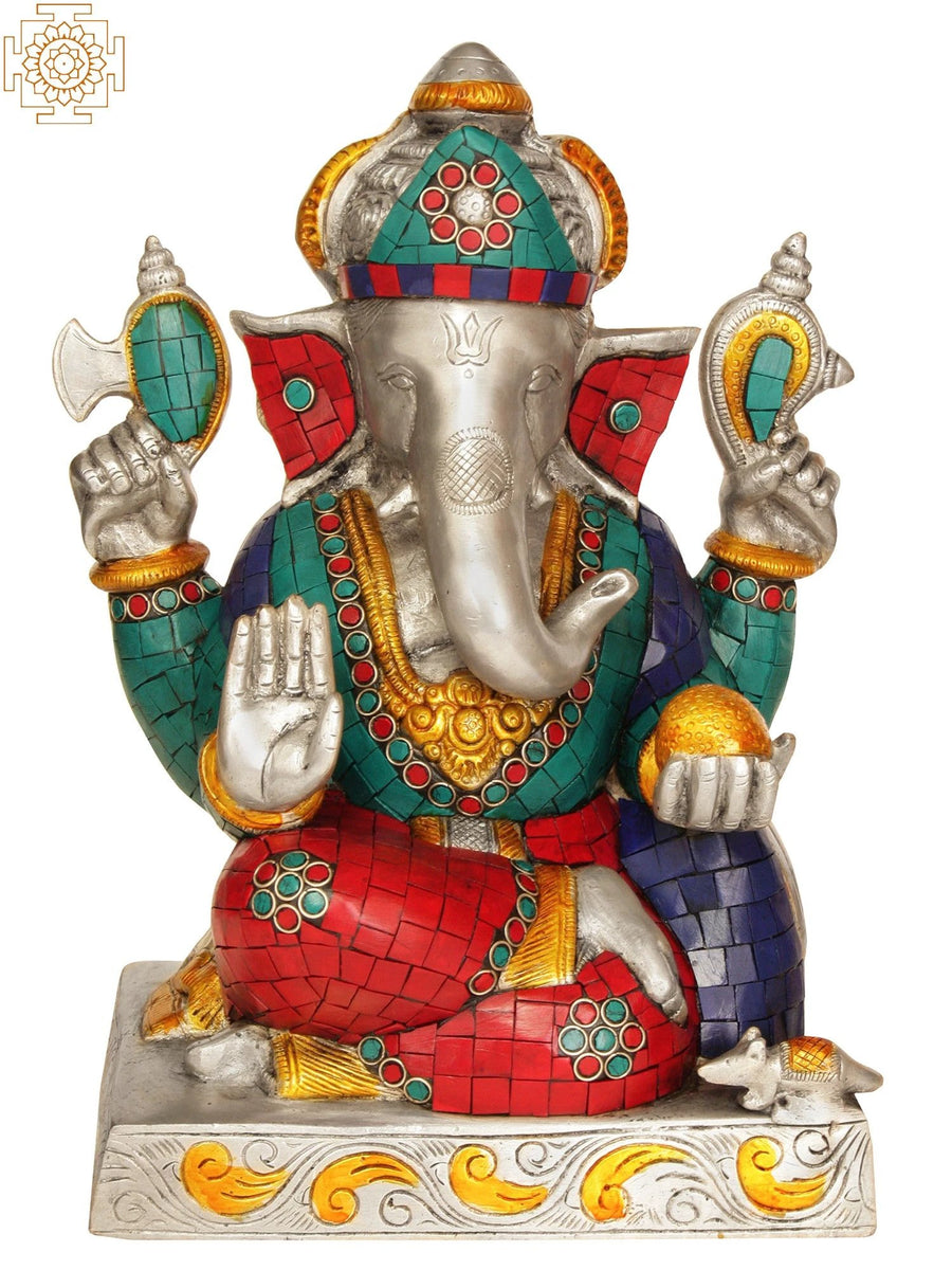 11" Four-Armed Ganesha Brass Idol Handmade Seated Posture