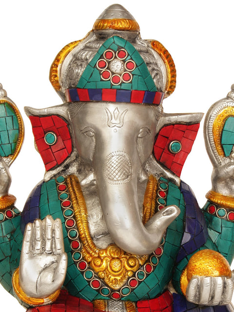 11” Four-Armed Ganesha Idol Seated in Easy Posture | Brass Inlay Statue