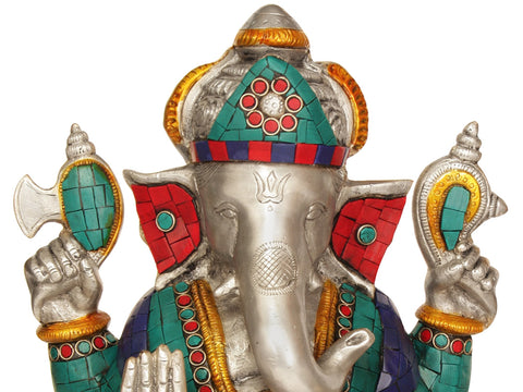 11” Four-Armed Ganesha Idol Seated in Easy Posture | Brass Inlay Statue