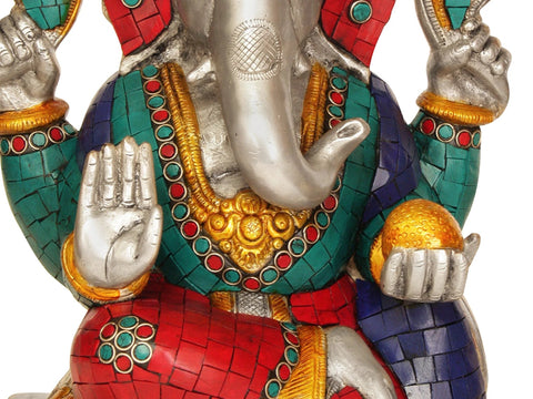 11Ó Four-Armed Ganesha Idol Seated in Easy Posture | Brass Inlay Statue