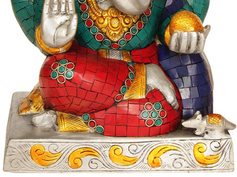 11Ó Four-Armed Ganesha Idol Seated in Easy Posture | Brass Inlay Statue