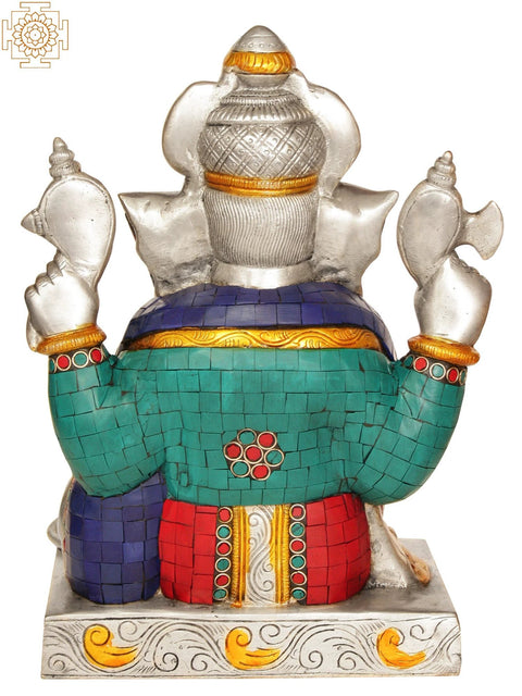 11Ó Four-Armed Ganesha Idol Seated in Easy Posture | Brass Inlay Statue