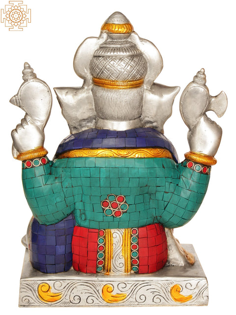 11” Four-Armed Ganesha Idol Seated in Easy Posture | Brass Inlay Statue