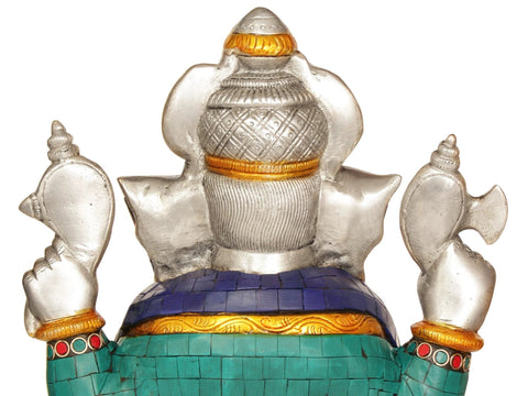 11Ó Four-Armed Ganesha Idol Seated in Easy Posture | Brass Inlay Statue