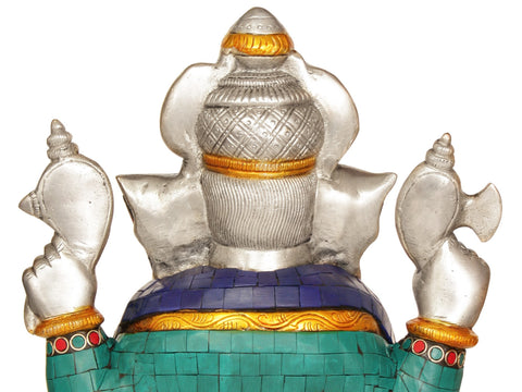 11” Four-Armed Ganesha Idol Seated in Easy Posture | Brass Inlay Statue