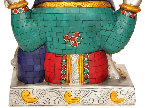 11Ó Four-Armed Ganesha Idol Seated in Easy Posture | Brass Inlay Statue