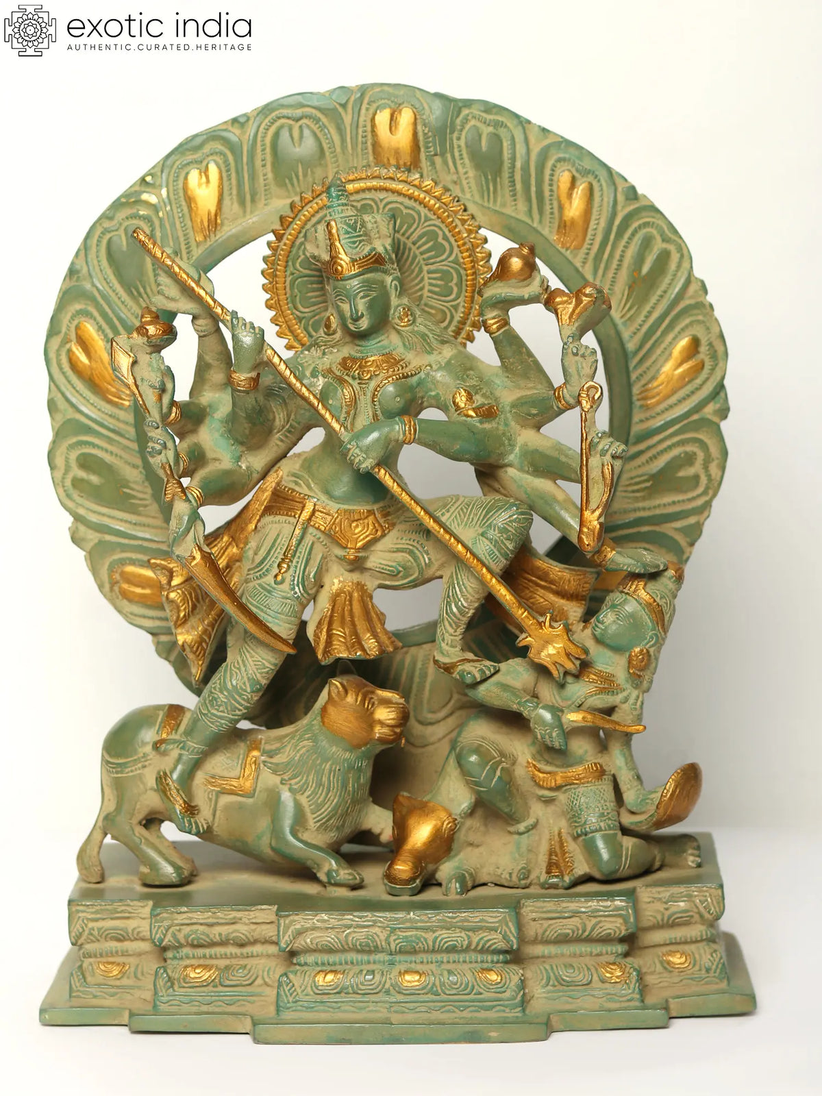 12" Ten-armed Mahishasuramardini Goddess Durga Brass Statue | Handmade | Made in India