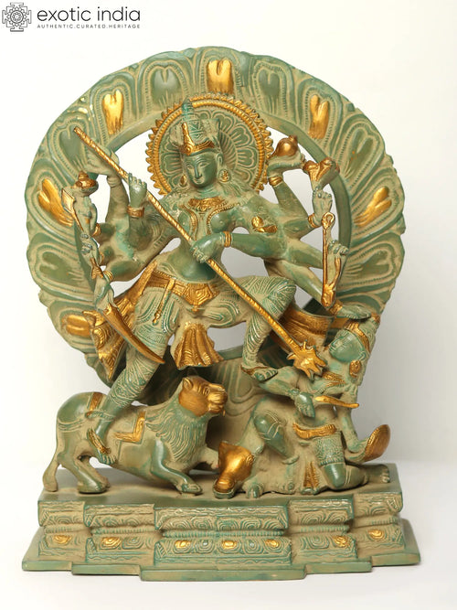 12" Ten-Armed Mahishasura Mardini Durga Brass Statue Handmade