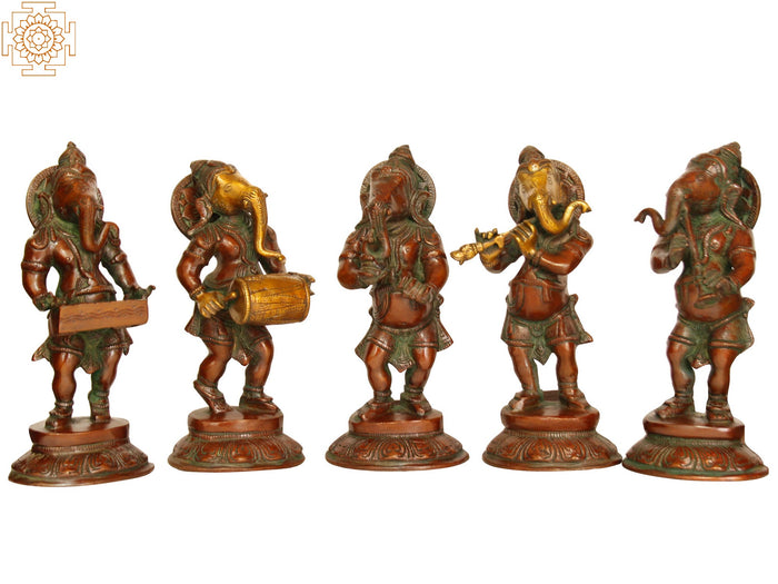 7" Set of Five Musical Ganesha Brass Sculptures Handmade