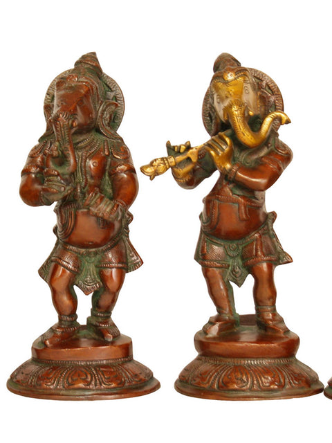 7" Set of Five Musical Ganesha Sculpture in Brass