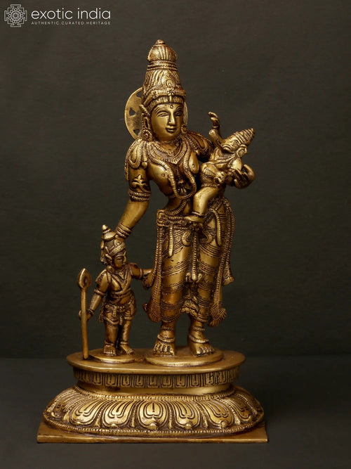 10" Brass Goddess Parvati with Ganesha and Kartikeya Statue