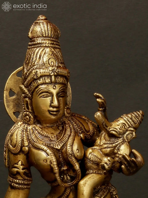 10" Brass Goddess Parvati with Her Sons Ganesha and Karttikeya | Handmade