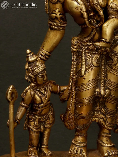 10" Brass Goddess Parvati with Her Sons Ganesha and Karttikeya | Handmade