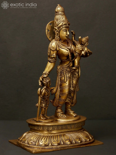 10" Brass Goddess Parvati with Her Sons Ganesha and Karttikeya | Handmade