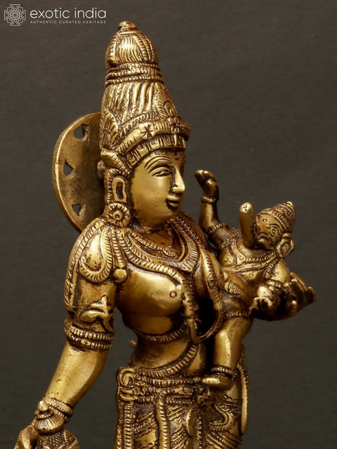 10" Brass Goddess Parvati with Her Sons Ganesha and Karttikeya | Handmade