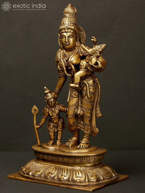 10" Brass Goddess Parvati with Her Sons Ganesha and Karttikeya | Handmade