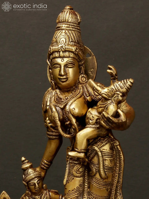10" Brass Goddess Parvati with Her Sons Ganesha and Karttikeya | Handmade
