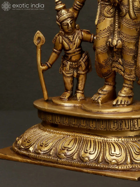 10" Brass Goddess Parvati with Her Sons Ganesha and Karttikeya | Handmade