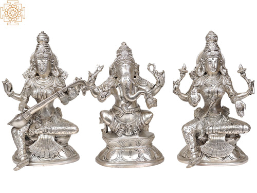 8" Saraswati Ganesha Lakshmi Trinity Brass Statue for Pooja