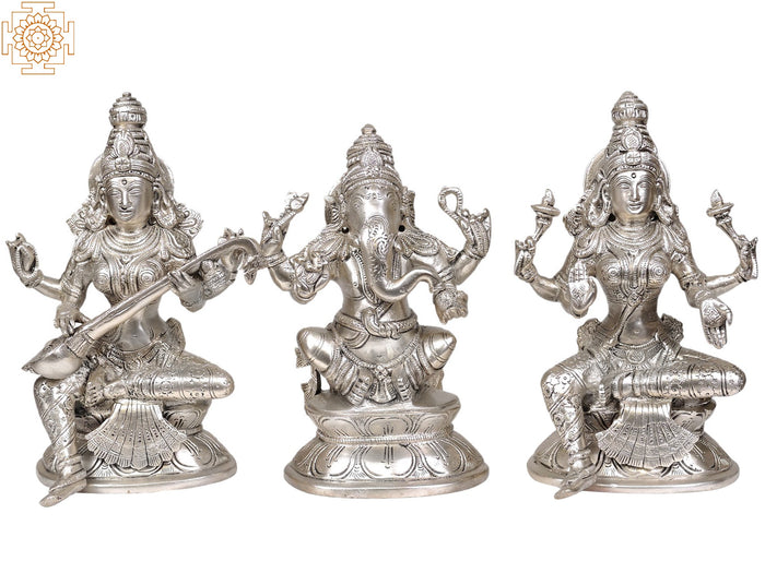 8" The Great Trinity - Saraswati, Ganesha and Lakshmi In Brass