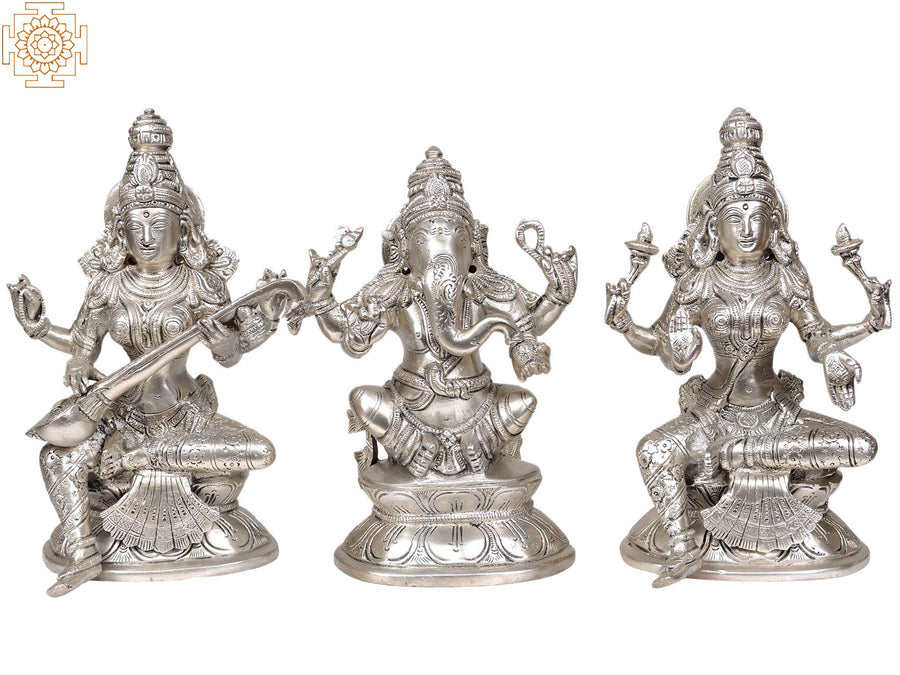 8" Saraswati Ganesha Lakshmi Trinity Brass Statue for Pooja