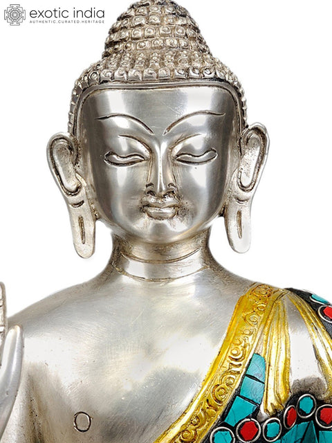 11" Shakyamuni Buddha Granting Abhaya (Inlay Statue) In Brass
