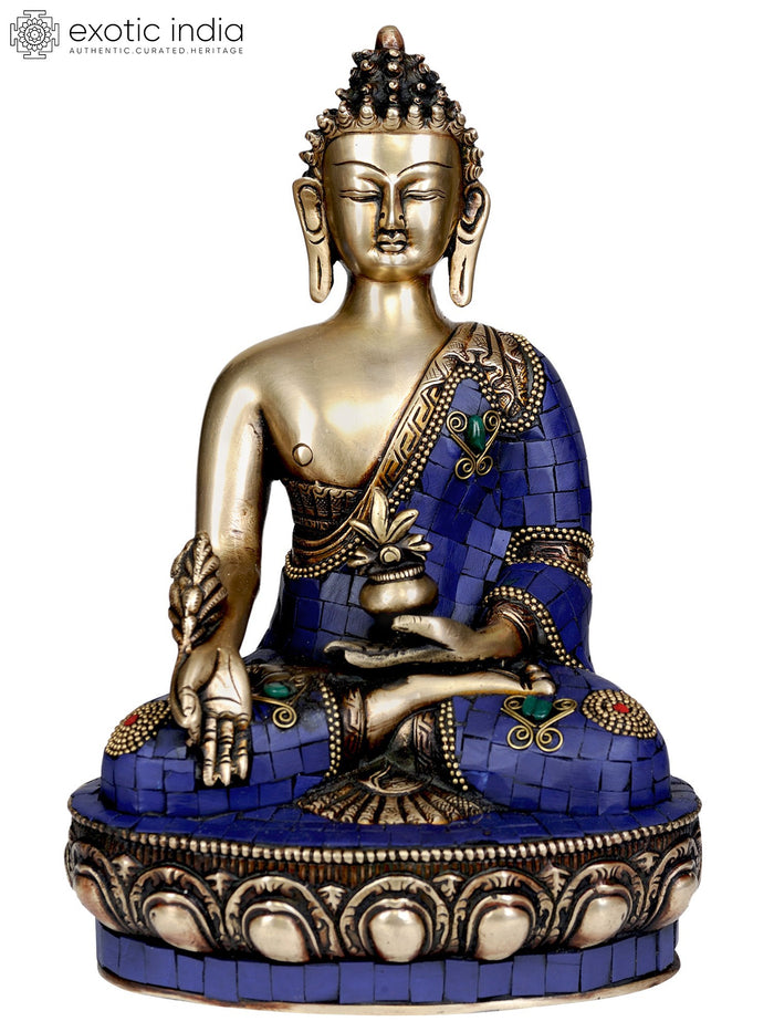 11" Brass Lapis Buddha Healing Deity Inlay Statue Handmade