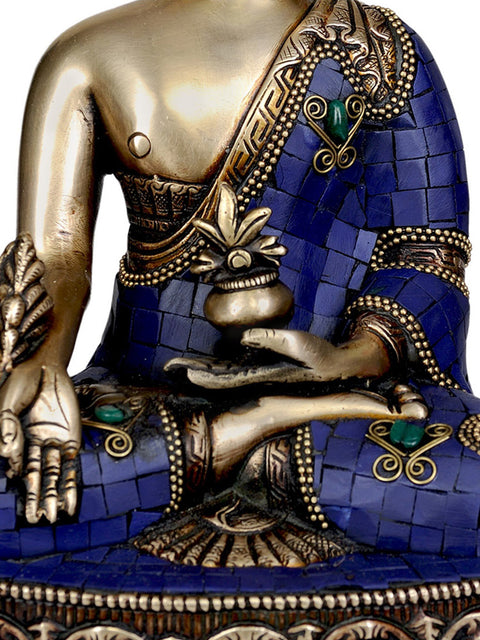 11" Tibetan Buddhist Deity- Lapis Healing Buddha (Inlay Statue) In Brass