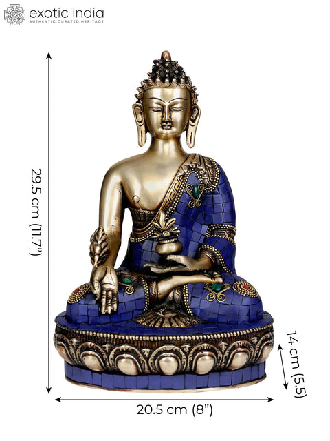 11" Tibetan Buddhist Deity- Lapis Healing Buddha (Inlay Statue) In Brass