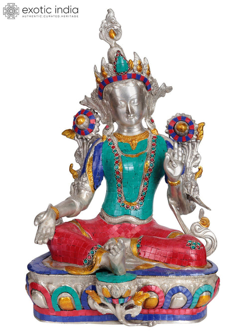 18" Green Tara Brass Statue with Inlay Work - Tibetan Buddhist Goddess
