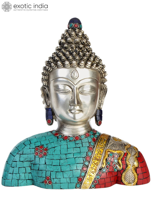 10" Lord Buddha Brass Bust Statue with Inlay Design
