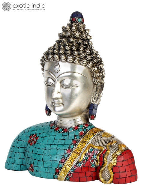 10" Lord Buddha Bust (Inlay Statue) In Brass