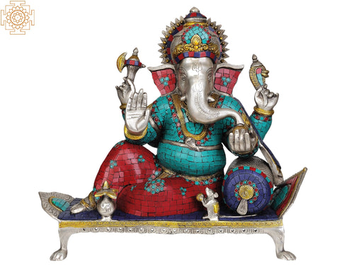 16" Lord Ganesha Brass Statue with Inlay Work
