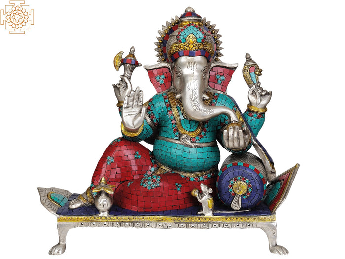 16" Lord Ganesha Brass Statue with Inlay Work