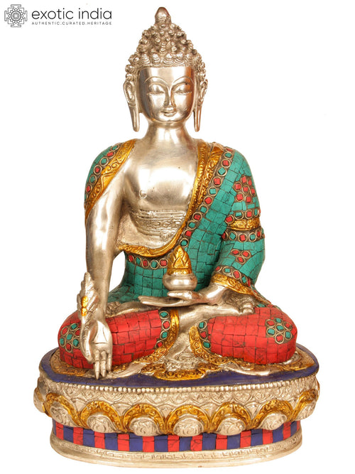 12" Medicine Buddha Tibetan Brass Statue with Inlay Handmade