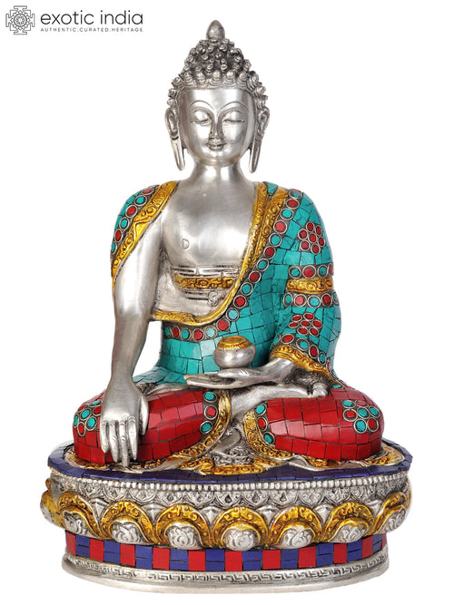 13" Shakyamuni Buddha Invoking Earth Goddess Brass Statue with Inlay