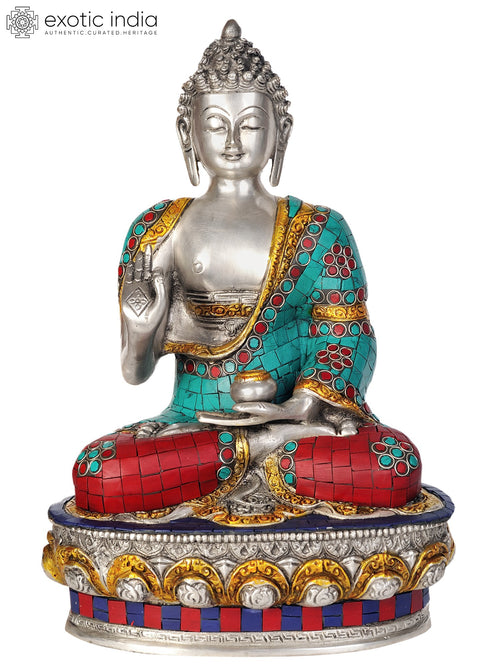 12" Lord Buddha Dharma Brass Statue with Inlay Handmade