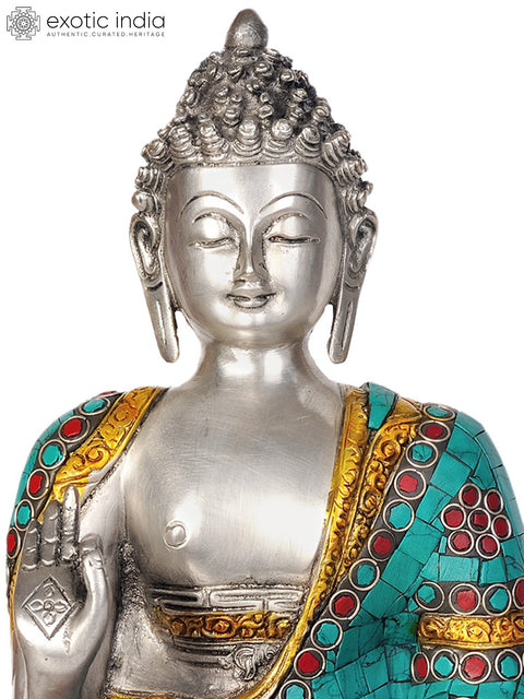 12" Lord Buddha Interpreting His Dharma  (Inlay Statue) In Brass