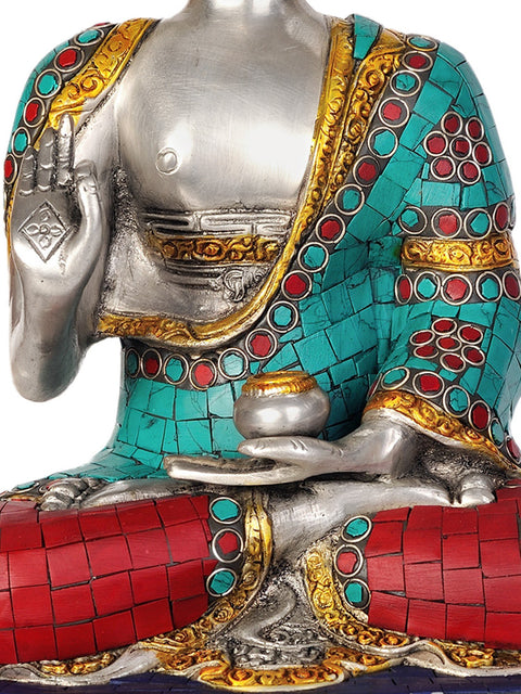 12" Lord Buddha Interpreting His Dharma  (Inlay Statue) In Brass