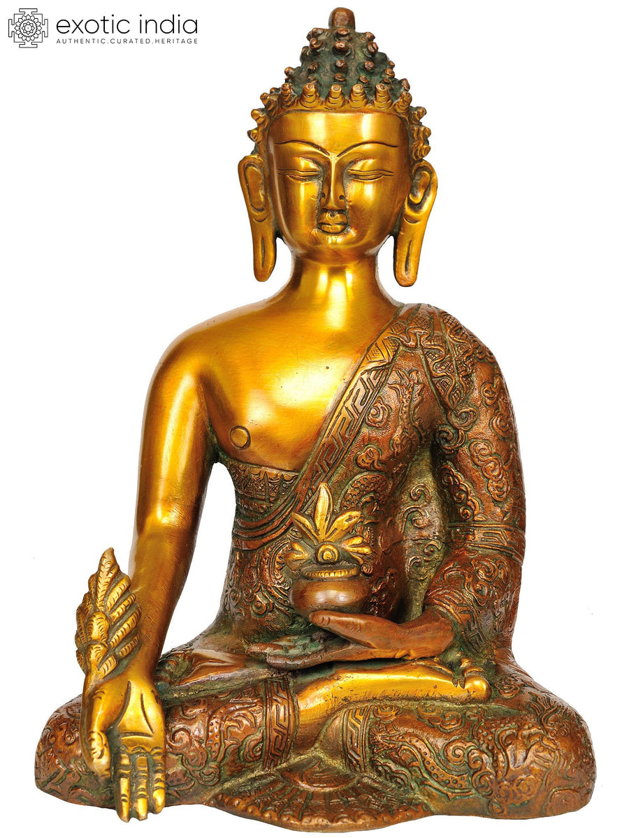 9" Medicine Buddha Brass Idol with Auspicious Symbols