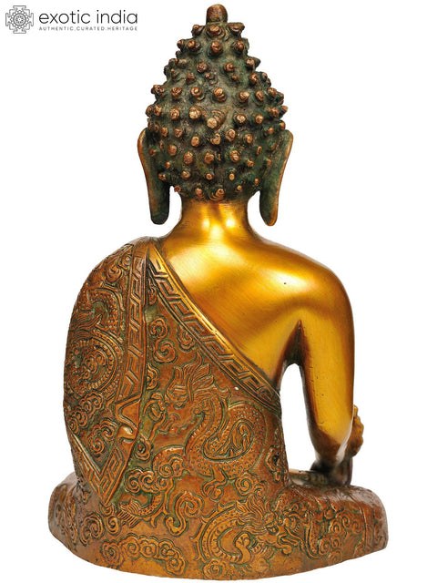 9" Medicine Buddha Brass Idol (Robes Decorated with Auspicious Symbols and Dragon Figures) | Handmade | Made in India