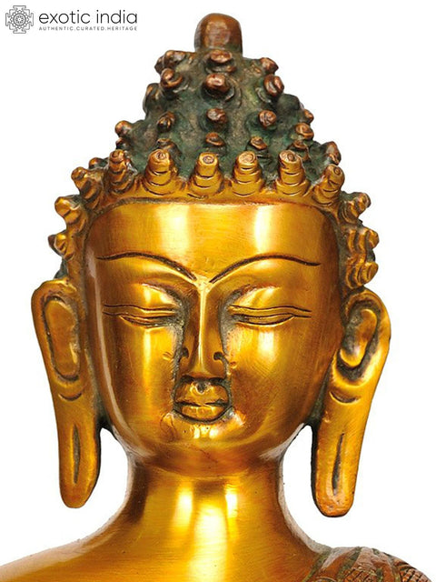 9" Medicine Buddha Brass Idol (Robes Decorated with Auspicious Symbols and Dragon Figures) | Handmade | Made in India