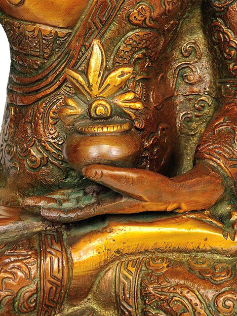 9" Medicine Buddha Brass Idol (Robes Decorated with Auspicious Symbols and Dragon Figures) | Handmade | Made in India